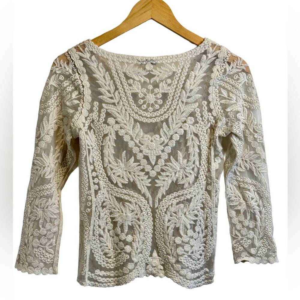 EXPRESS | Lace Embroidered Top | Boho Coquette Blouse | Sheer Floral - Picture 3 of 10